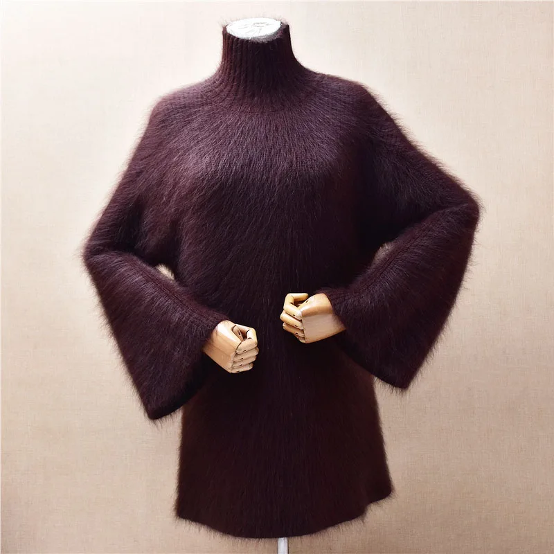

Женская осенне-зимняя одежда, модная вязаная водолазка из волосатого норкового кашемира с длинными расклешенными рукавами, свободный пуловер, свитер, джемпер