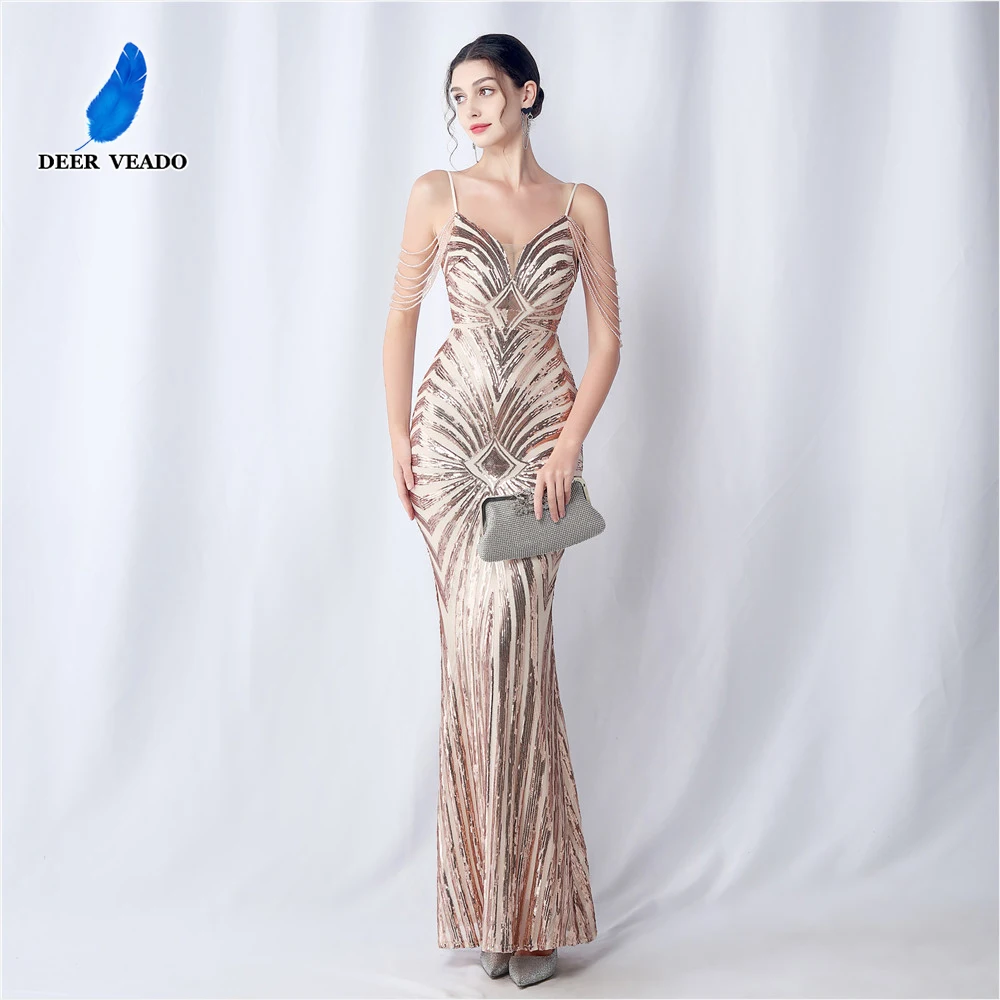 

DEERVEADO Mermaid V Neck Strap Sequin Evening Dress for Woman Elegant Long Formal Dress Prom Party Maxi Dress with Beads