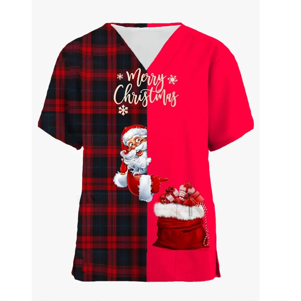 

2025 Nurse Scrub Working Uniform Tops For Women's V-Neck Christmas Print Short Sleeve Fun T-Shirts Workwear Pockets