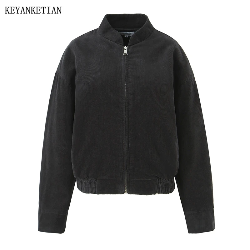 

KEYANKETIAN 2026 Spring New Women's Corduroy jacket Dark Gray Retro style Stand collar Zipper Loose Crop Coat Blazer Outerwear