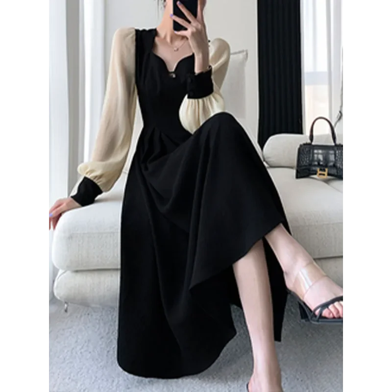 

Women's Fashion Dress Long Sleeved Party French Dress Solid Color Square Neck Midi Zipper 2024 New Spring/Summer Dress