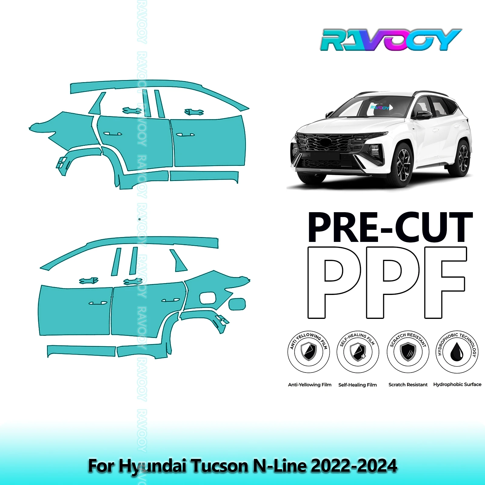 

For Hyundai Tucson N-Line 2022-2024 8.5mil Clear Matte Pre-Cut PPF Door & A/B Pillar Kit TPU Paint Protection Film Set
