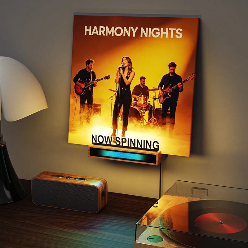 Now Spinning Vinyl Record Stand Wall Mount with RGB Sound-Control LED, Warm White Light & Acrylic Letters