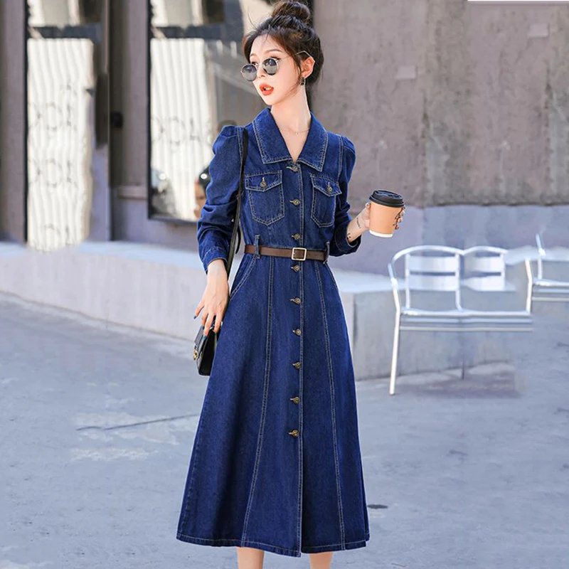 Women\'s Autumn New Denim Dress Single-Breasted Blue Street Bomber Vintage Jeans Dresses Fashion Elegant Long Dress Female 2023