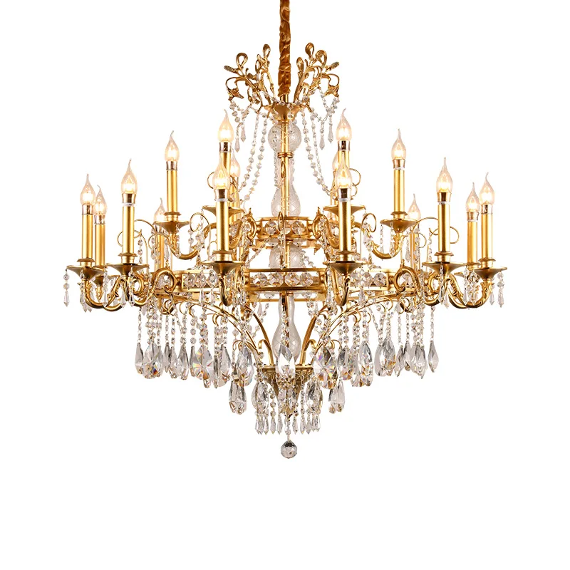 

European Rococo Brass Crystal Pendant Lamp Entryway Porch Hall Luxury Deco Luminaire French Retro Copper Chandelier