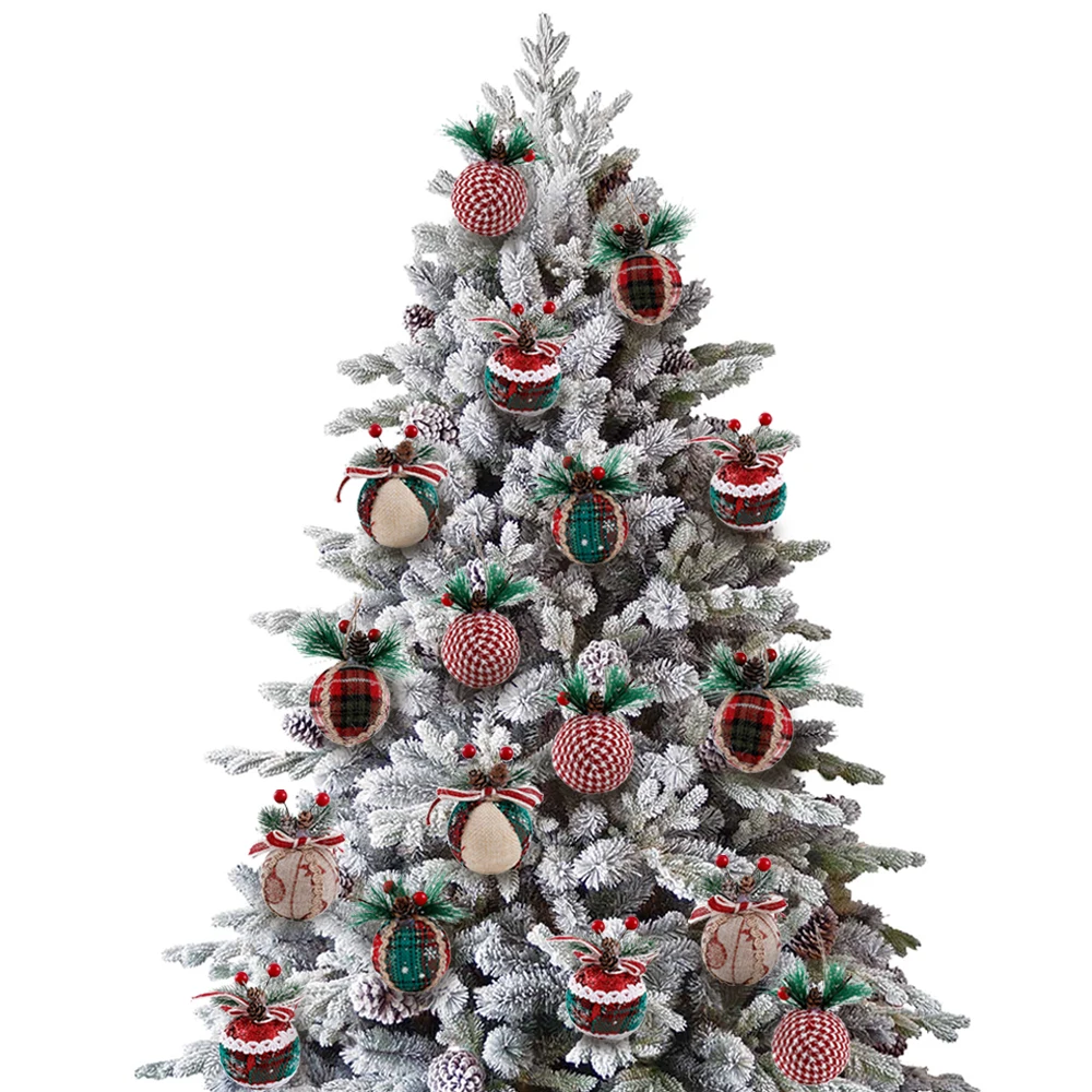 12/24Pcs Red Green Plaid Christmas Balls With Pine Cone Xmas Tree Hanging Foam Pendant Christmas Decorations Navidad New Year