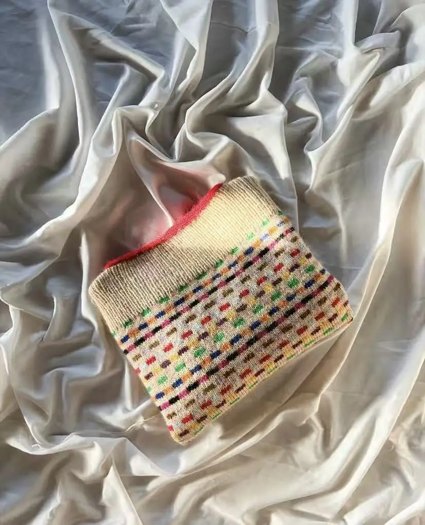 New Fashion Small Square Striped Colorful Plaid Loose mohair Round Neck Hoodie Hand Woven Long Sleeve Sweater Top