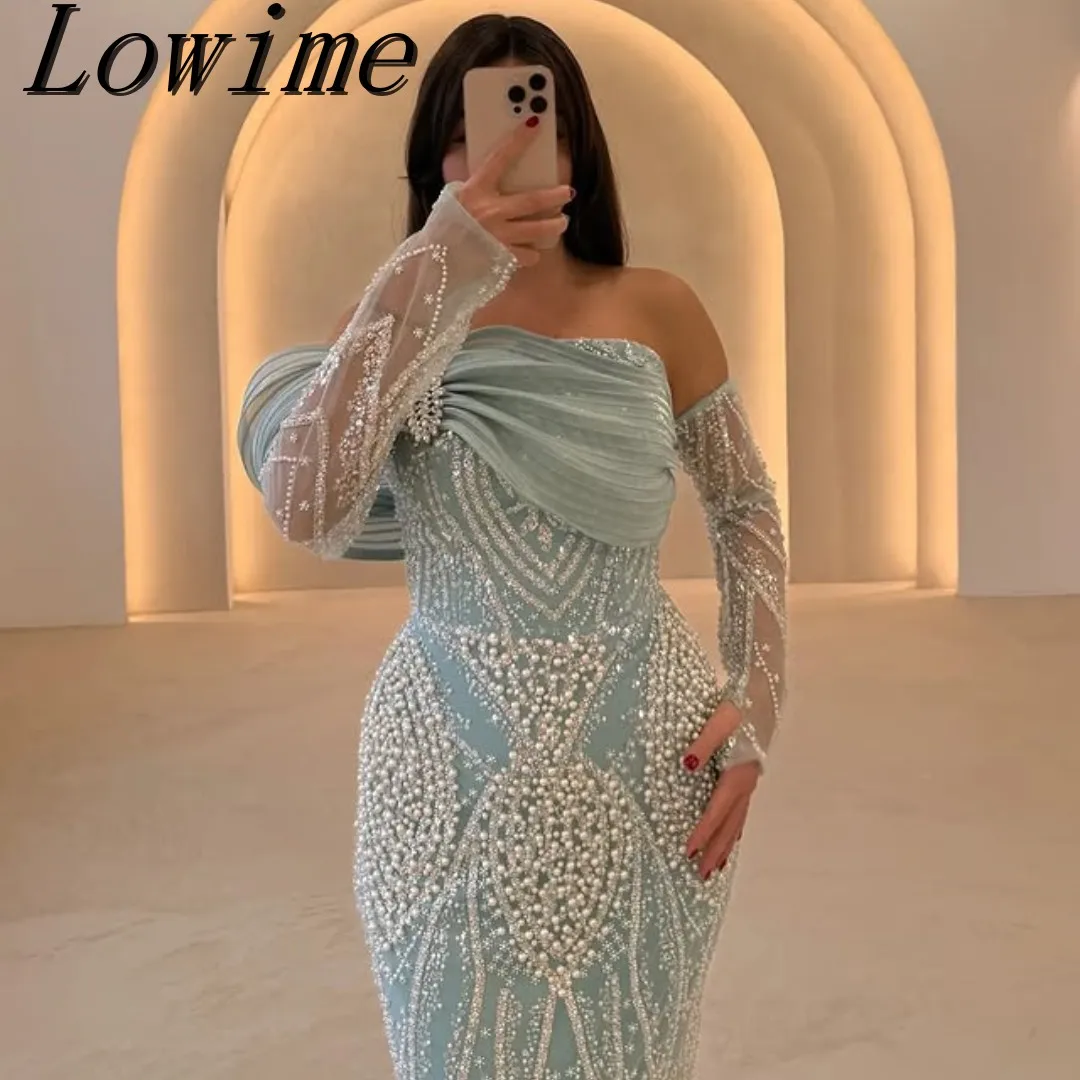

Elegant Sky Blue Off The Shoulder Beading Mermaid Evening Party Gown Luxury Princess Long Prom Dress Customized