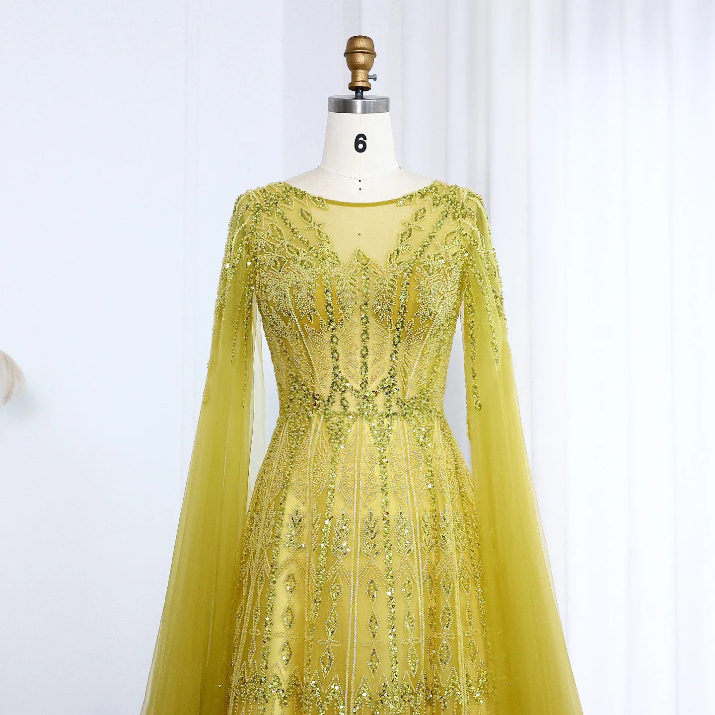 Sharon Said Luxuriöses Dubai Blaues Abendkleid mit Cape-Ärmeln in Übergröße, A-Linie, Arabisches Hochzeits- und Festkleid SS001, Maßanfertigung – Detail 21