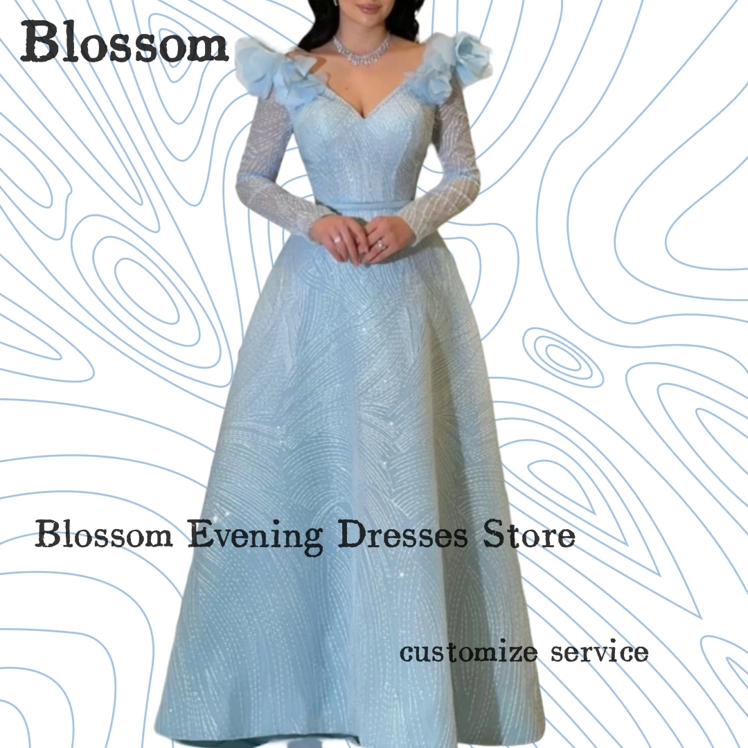 

V-neck Long Sleeves Prom Dresses A-line Appliques Light Blue Saudi Arabia Luxury Evening Dresses Formal Party Gown