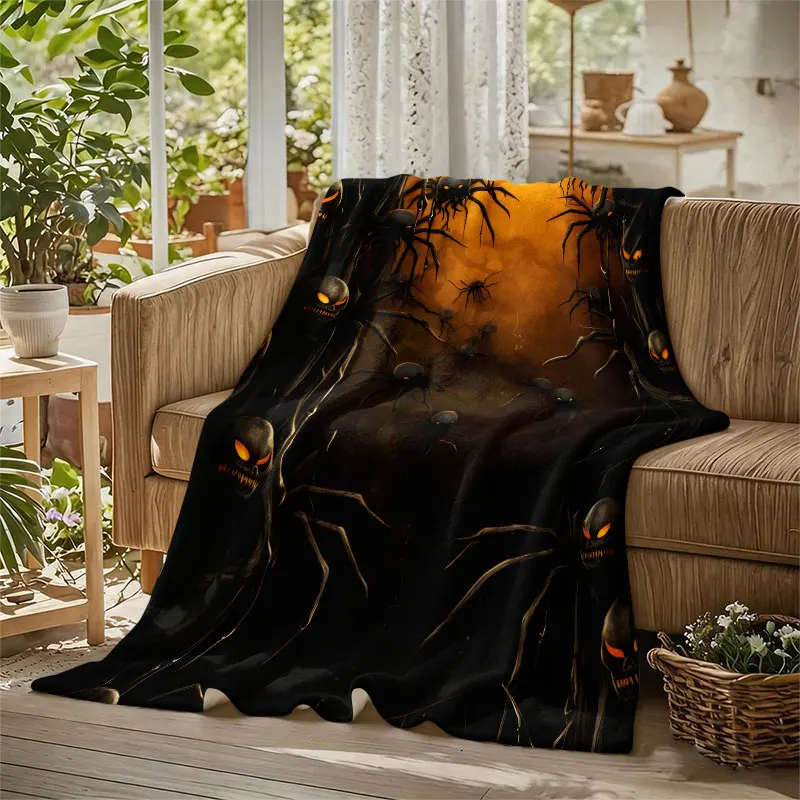 Skull Spiders Orange Flannel Blanket Perfect for Sofa Office Bed Travel Sleep Read Relax Camping Four Season Use