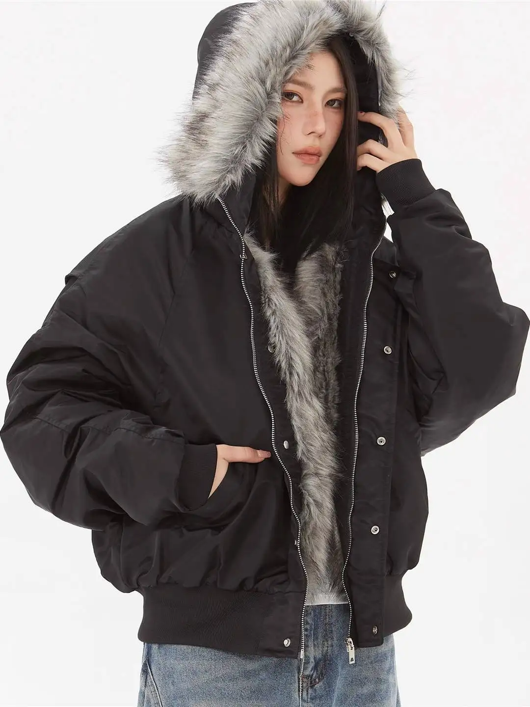 

Retro American Thiened Cotton Jaet with Hood Loose Outerwear for Men And Women Youthful Sle Warm Long Sve Coat