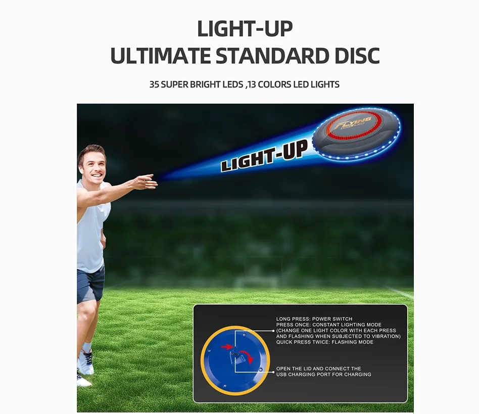 Flying Disc LED Light Up Frisbee with 13 Light Modes Ultimate Frisbee Disc,Rechargeable Flying Ring for Outdoor