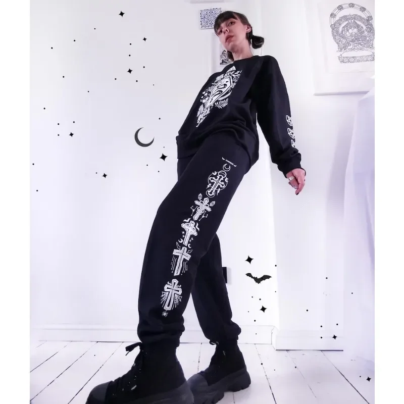 Unisex Vintage Dark Gothic Cross Print Jogger Sweatpants Casual Streetwear Halloween Party Daily Loungewear for Adult Men Women