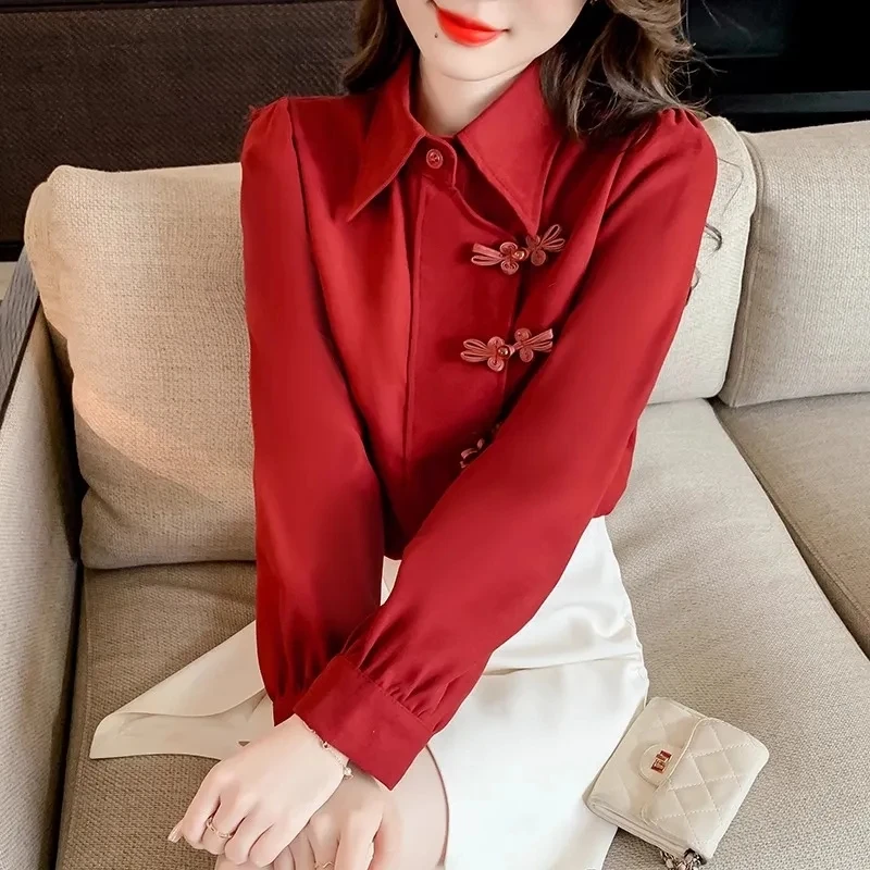 Red Chinese Sle Retro Button irt Women's Autumn Winter New Sle Elegance Blouse Trendy National Sle Top Women
