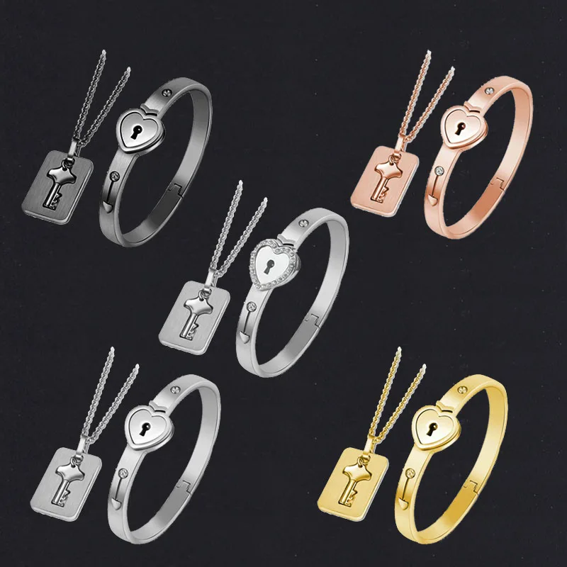 Valentine's Day Gift Stainless Steel Heart Love Lock Bracelet Key Necklace Couples Set Women Zircon Wedding Gift Jewelry Sets
