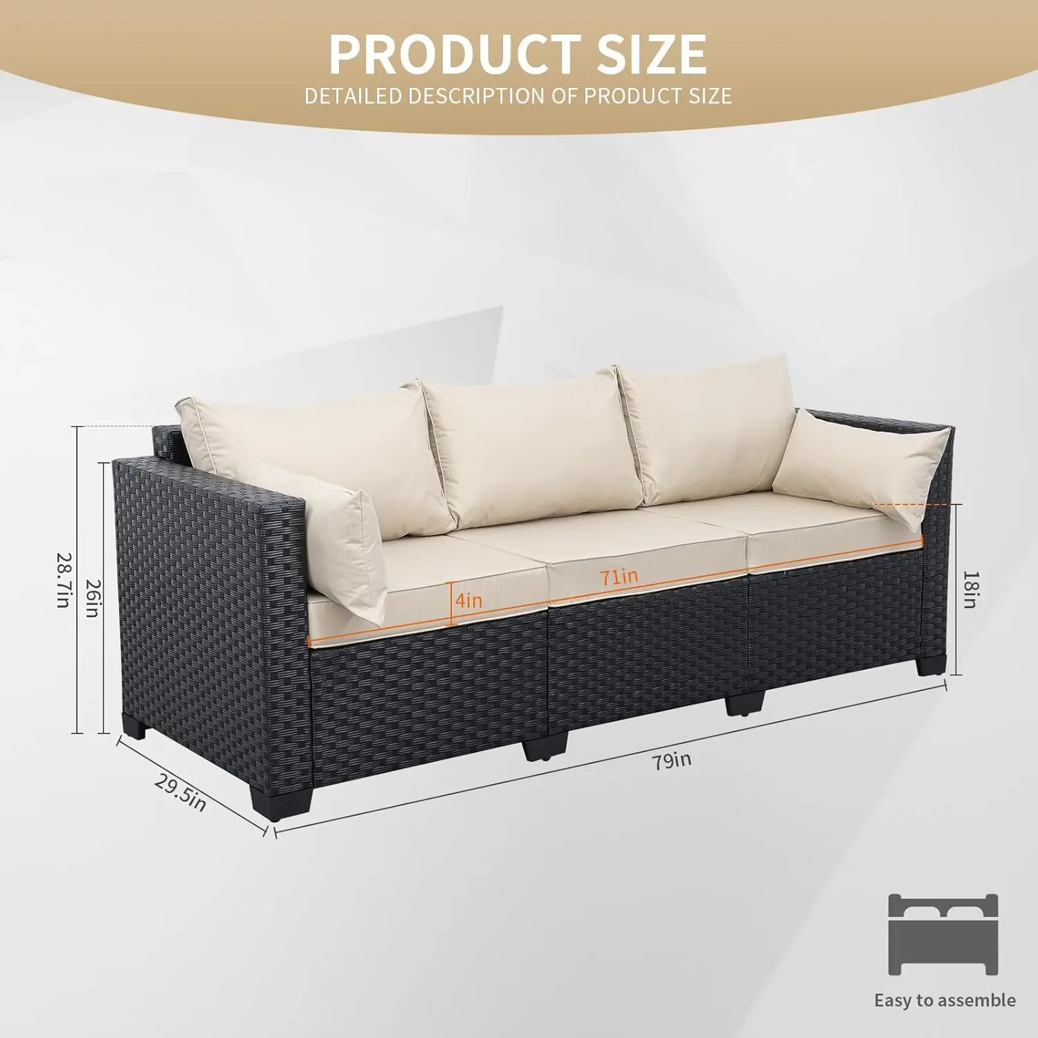 3-Seat Outdoor Rattan Sofa Patio Couch Black PE Wicker Loveseat Seating Furniture with Washable Khaki Cushions