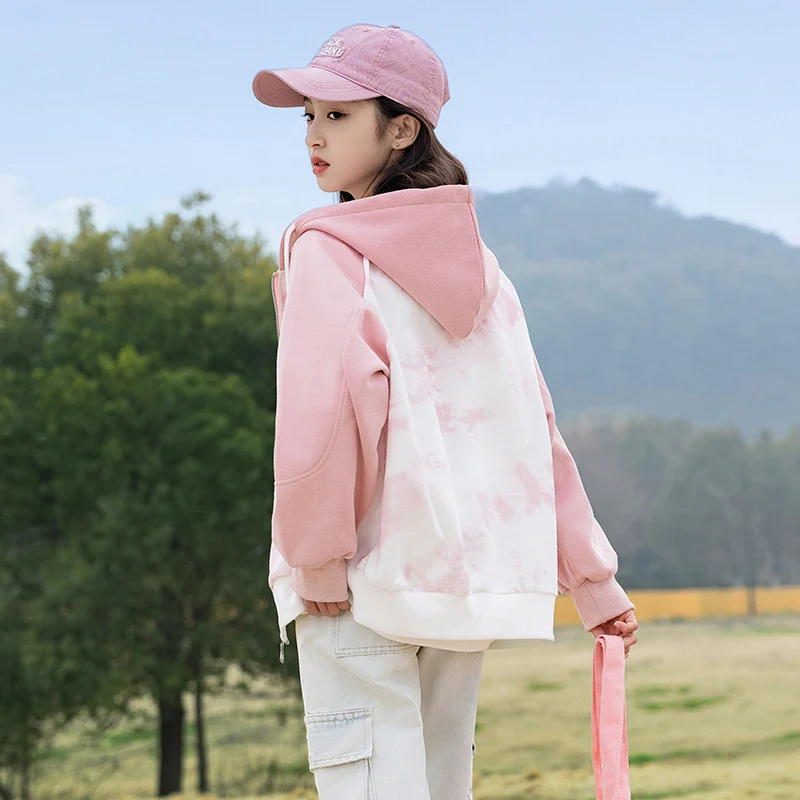 Spring girls' hooded coat keeps warm 2025 new autumn tie dye hoodie jacket children's cotton coat boys' sports winter coat