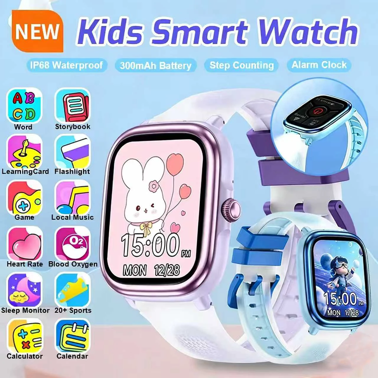 

New Kids Study Smart Watch 1.83" Display Puzzle Game Sleep Monitor Alarm Clock Flashlight Children IP68 waterproof Boy Girl Gift