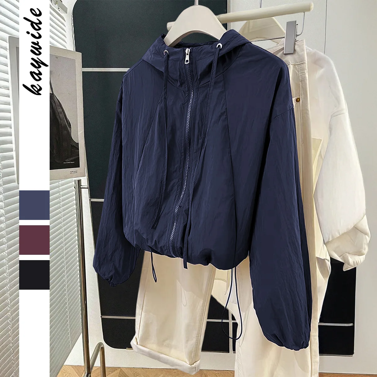 

KIDCRKJ Minimalist Spring Women Coat Pure Color Zippeer Drawstring Elastic Hem Female Hooded Jacket Sports Vacation Lady Outwear