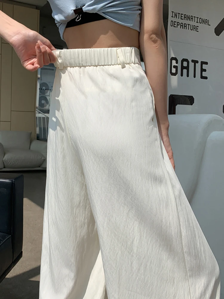 Solid Color Cool High Waist Loose Summer Female Wide Leg Pants Korean Basic Full Length Simple Casual Chicly Pockets Women Pants