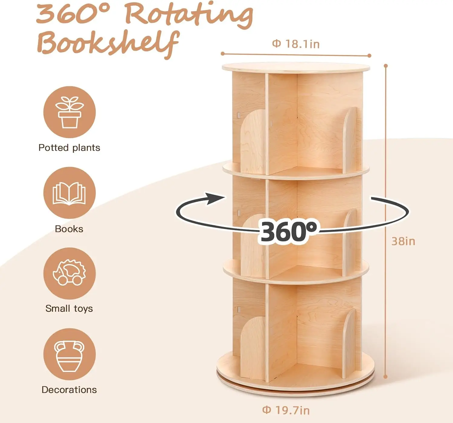 3 Tier Spinning Floor Standing Montessori Bookshelf Storage Rack, Large Chassis 360 Display for S