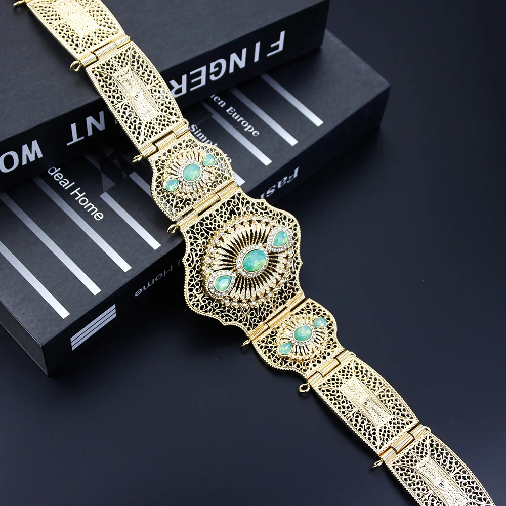 Neovisson Morocco Fashion Style Belt Women Dress Caftan Belt Gold Color Mintgreen Crystal Belly Chain Wedding Jewelry 