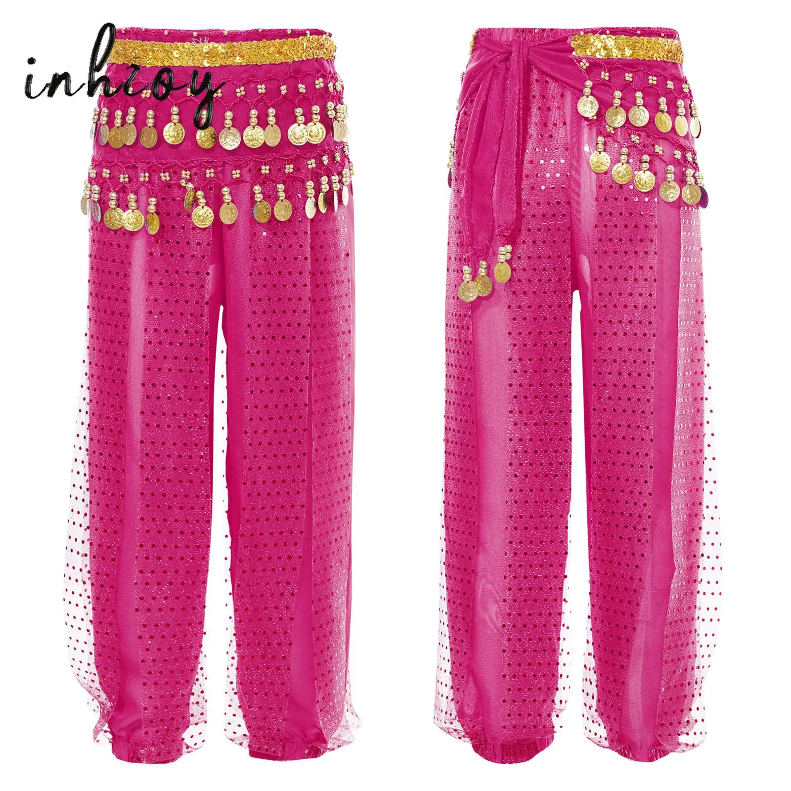 Kids Girls Chiffon Belly Dance Harem Pants Outfits Arabic Halloween Shiny Sequins Lantern Pants with Hip Scarf Bellydance Set