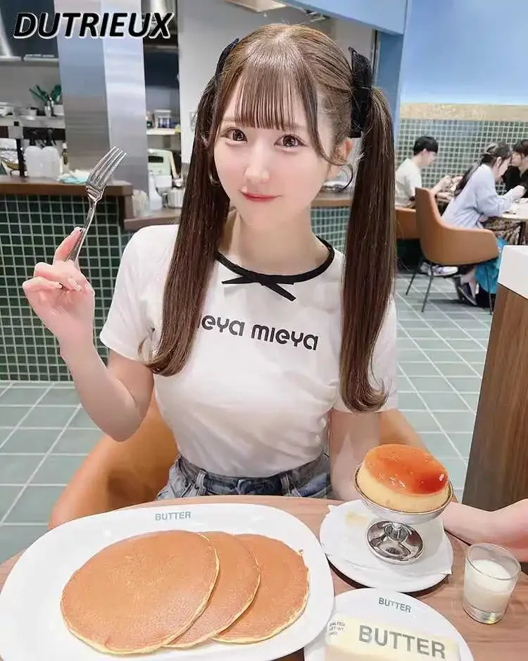 Ensemble haut blanc polyvalent à manches courtes et jupe à bretelles pour filles, T-Shirt à col ras du cou japonais, doux et mignon, nouvelle collection été