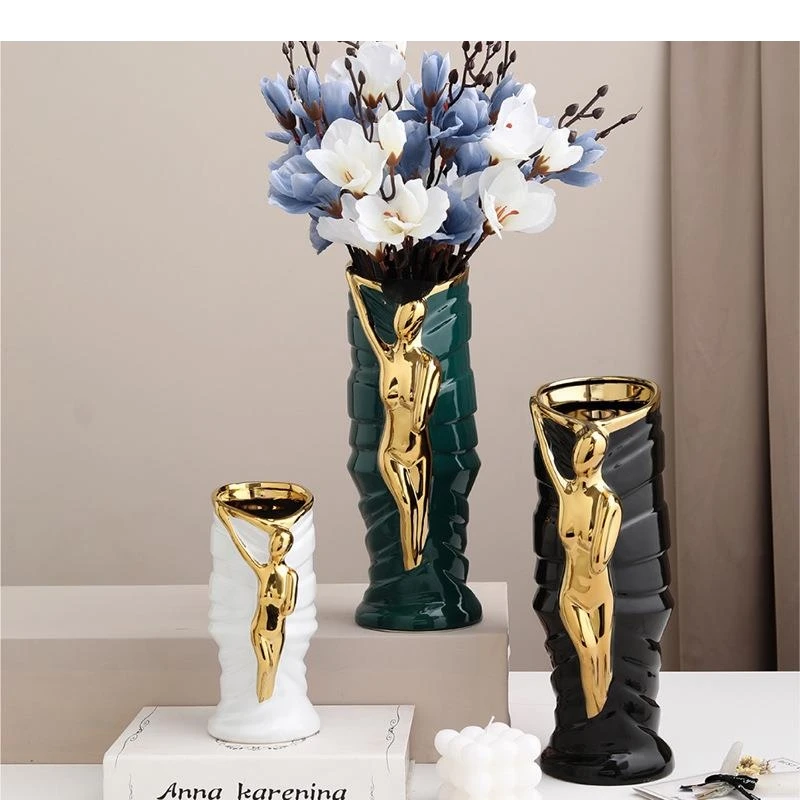 Gold Plated Figure Decorative Ceramic Vase Potted Plants Flowers Pots Desk Decoration Artificial Flower Vases Floral Arrangement