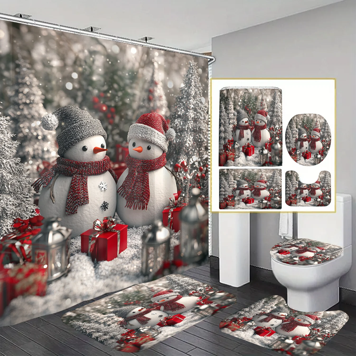 

Snowman Themed Shower Curtain 12 Hooks Suitable for Room Home Hotel Machine Washable Curtain Bathroom 4pcs