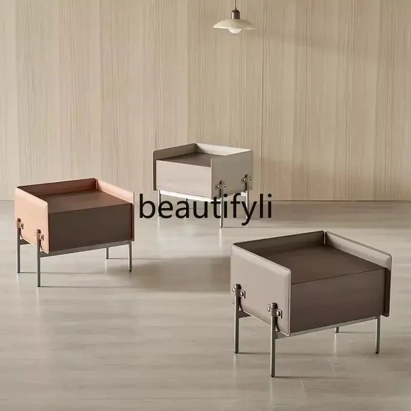 

Minimalist bedside table Saddle leather Solid wood Modern light luxury Premium sense Smoked bedside locker