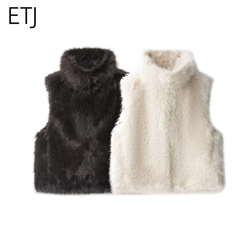 

ETJ 2025 autumn and winter new women's elegant fashion warm high collar faux fur vest spice girls with a vest jacket