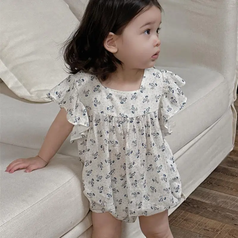 

2024 Summer Newborn Infant Ruflle Floral Sleeveless Bodysuit Girls Baby Cotton Flower Print Casual Princess Onesie Kids Clothes