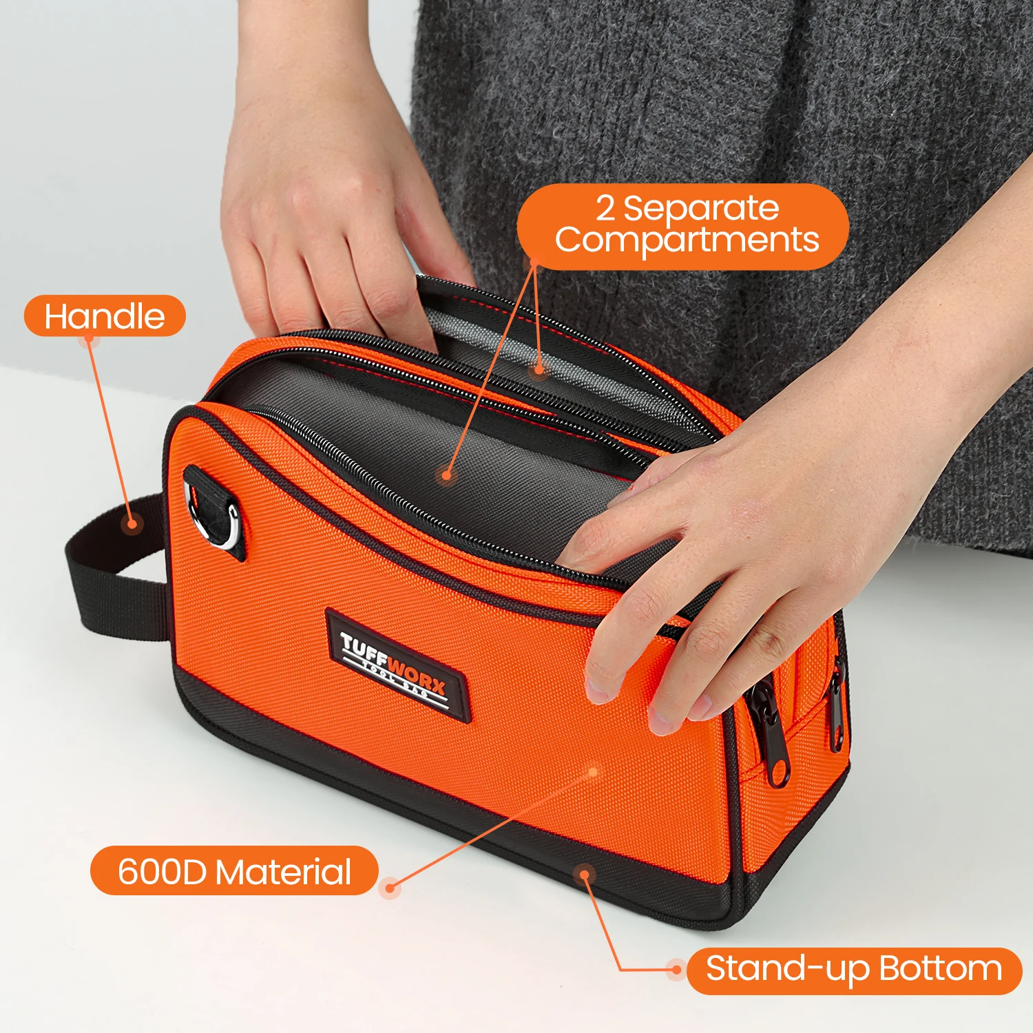 Tool Bag, Compact Double-Zip Storage Pouch, Orange and Black
