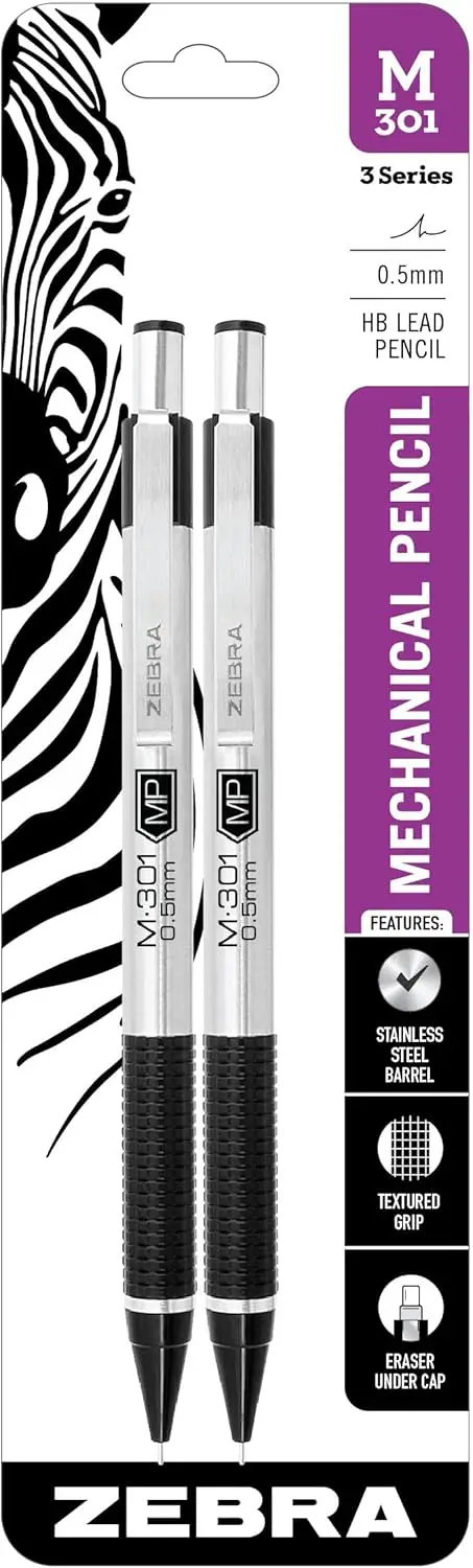 

0.5mm Mechanical Pencil, Refillable Lead, Stainless Steel Barrel with Eraser, Lightweight for School and Office Use, 2-Pack