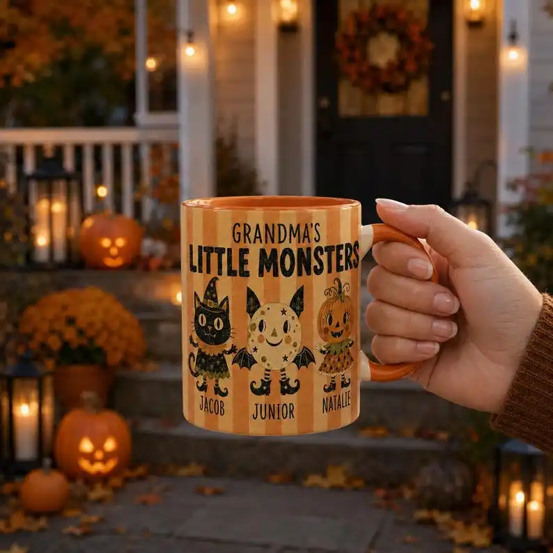 Custom Halloween Ceramic Mug Design Family Name Little Monsters Cup Grandkids Names Fall Spooky Gift Accent Mug For Family Gifts