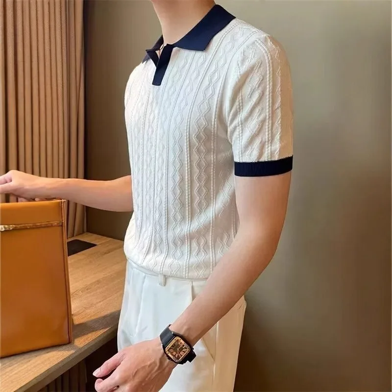 Summer Ice Silk Breathable Jacquard Lapel Short-sleeved Knitted Sweater Men Korean Style Trendy Slim