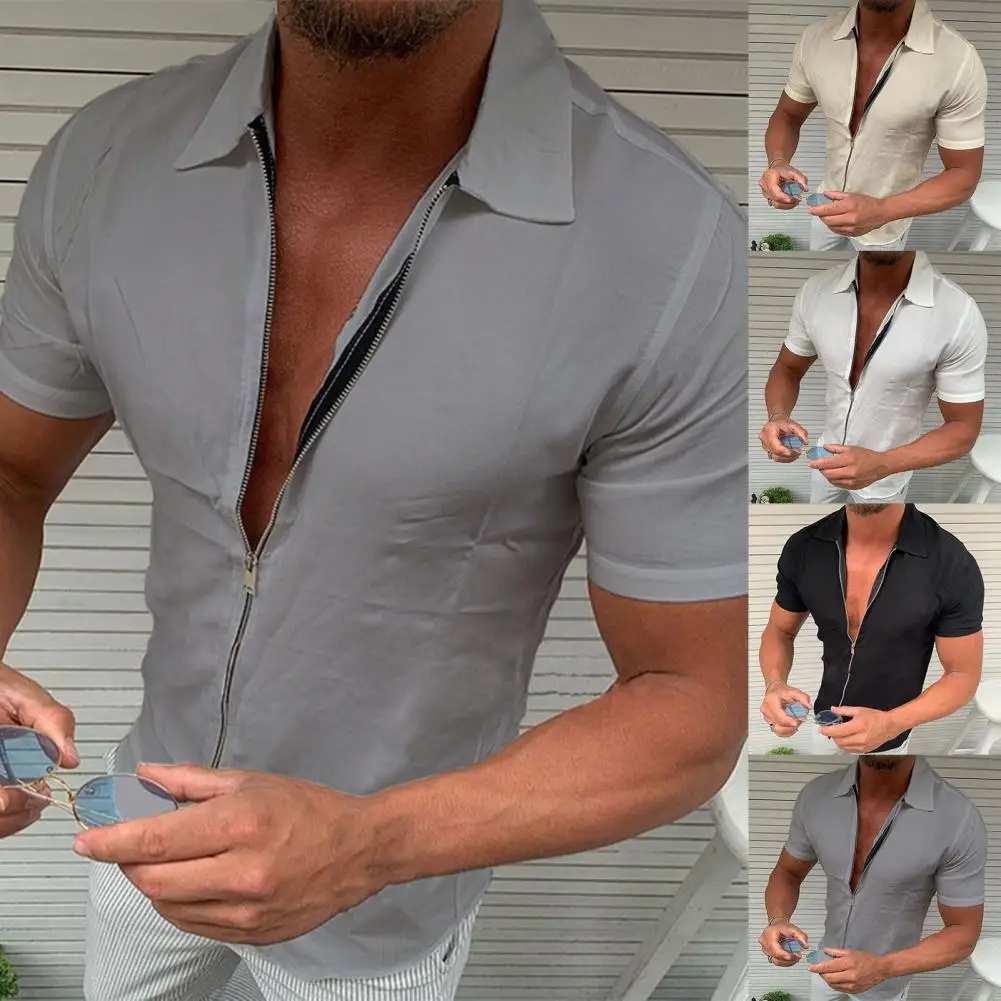 Chic Shirt Friendly to Skin Slim Fit Zipper Bright Summer Top  Men Top Lapel