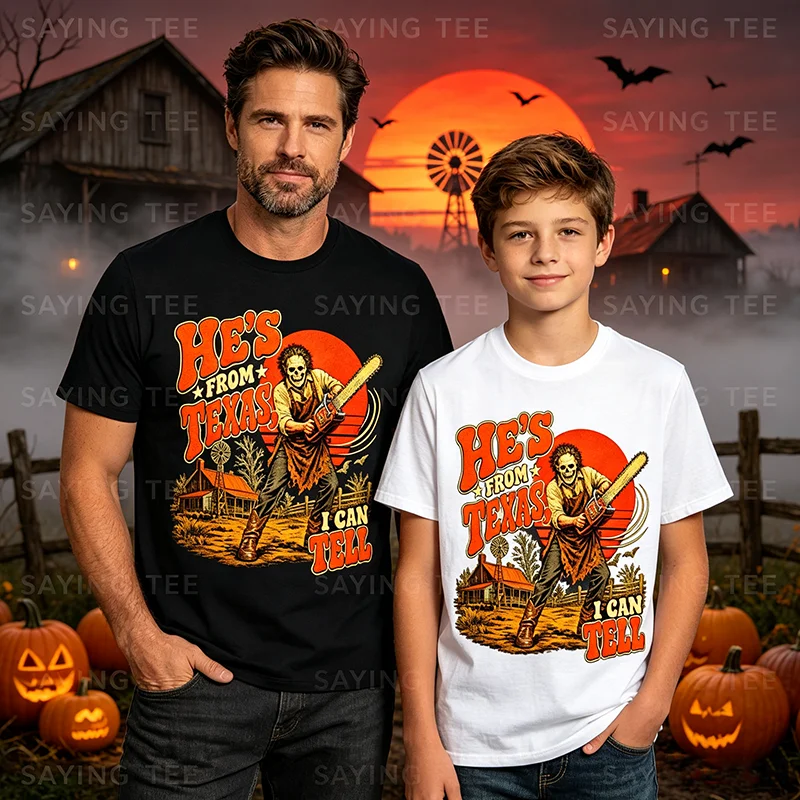 Er kommt aus Texas, das kann ich dir sagen. Kettensägen-Horror-Halloween-T-Shirt, Y2k Texas Kettensägen-Skelett Country Grafik-Bekleidung, weiche Baumwoll-T-Shirts. – Detail 4