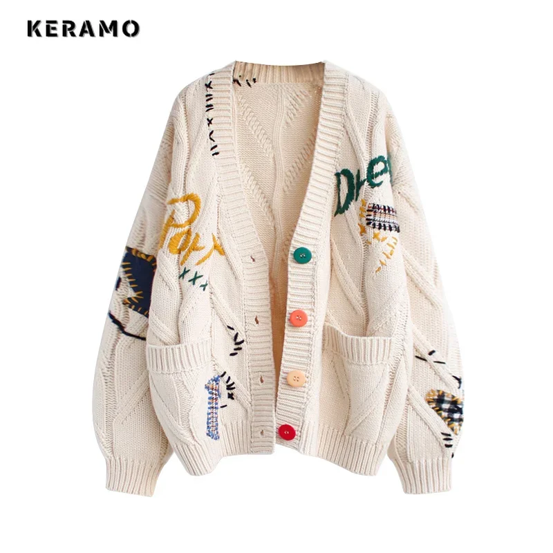 Korean Fashion Women Single Breasted Letter Print Sweater 2024 Autumn Winter Knitting Long Sleeve Casual V-Neck Loose Cardigans