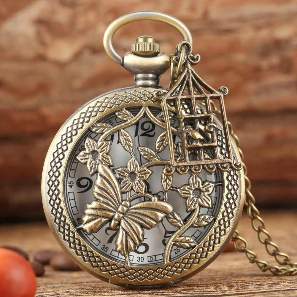 Vintage Half Hunter Butterfly Flowers Design Necklace Watch Quartz Movement Charm Pendant Clock Men Women Arabic Numerals Dial