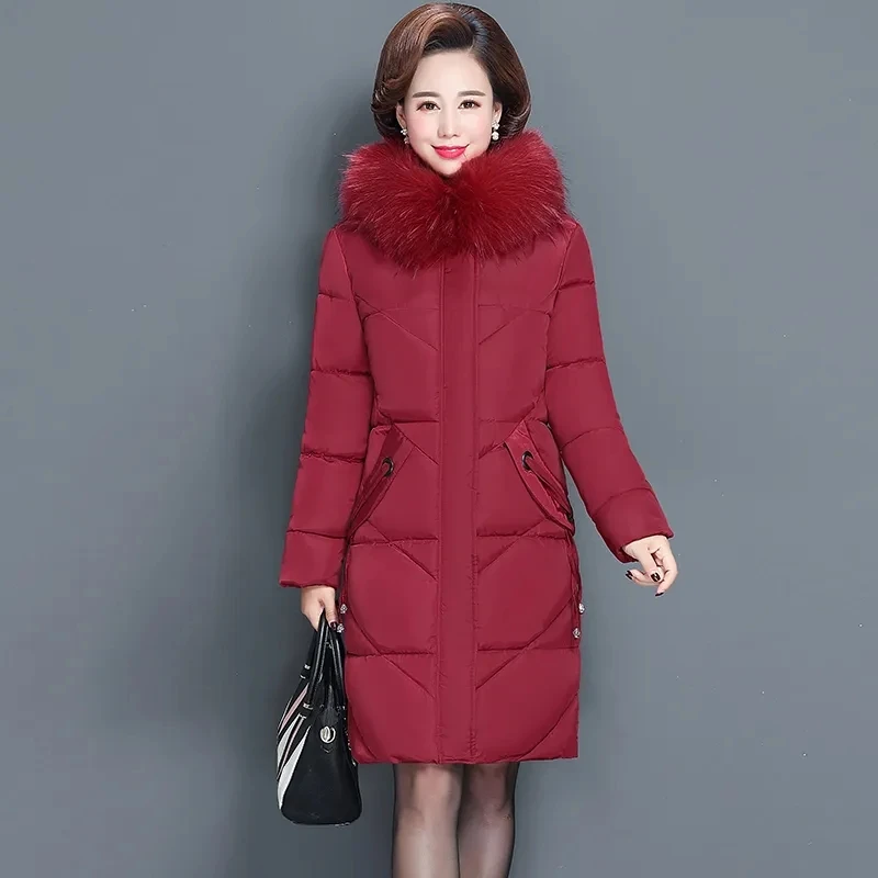 Winter Hooded Long Parkas Down Cotton Clothes Jacket Mid-Length Women Big Fur Collar Solid Color Coat 2024 Fashion Elegant New