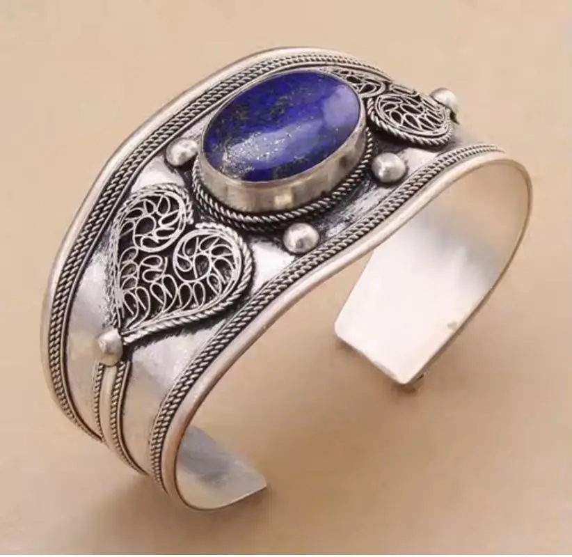 

Retro lapis lazuli tibetan silver Heart cuff bracelet Adjustable Size Jewelry for Women Girls or Men's