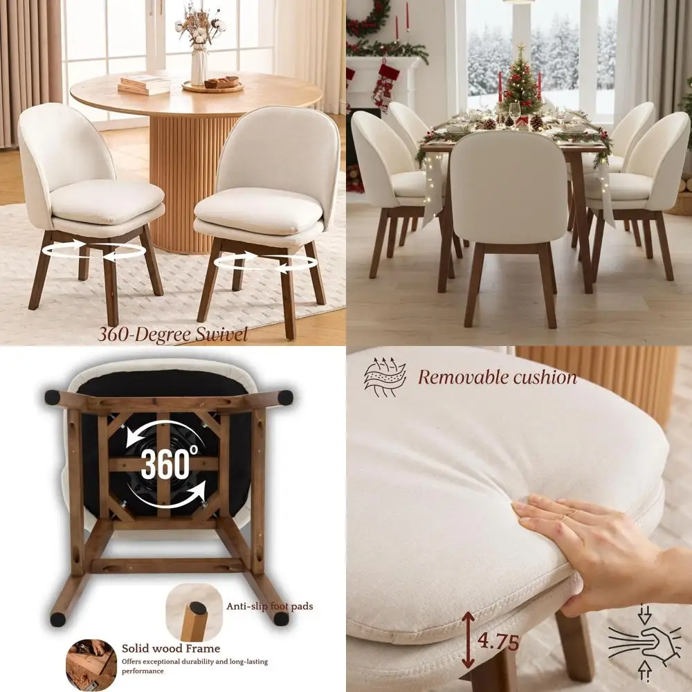 

19th Century-Inspired Swivel Dining Chairs Set of 2, 19 Inch with Backrest, Linen-Covered, Greyish Beige