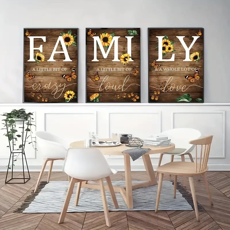 3 Panel Family Sunflower Butterfly Canvas Painting Wall Art Wall Decor Inspirational Rustic Posters for Living Room Decoration