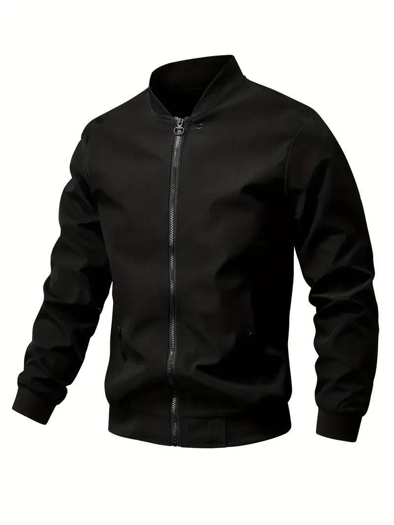 Men Solid Black Bomber Jacket Classic Baseball Collar Zip‑Up Windbreaker Loose Fit Casual Lightweight Outerwear With Pockets