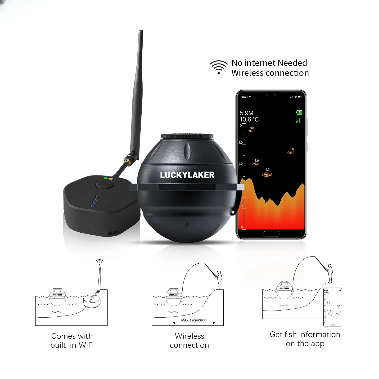

120M Distance 45M Depth WiFi Fish Finder Enhanced Edition Wireless Fishing Suitable for IOS and Android Fish Finder