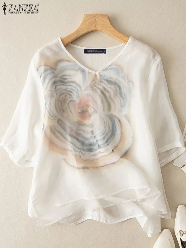 ZANZEA-Chemisier Vintage à Imprimé Floral pour Femme, Tunique Élégante, Col en V, Manches 3/4, Décontractée, Été