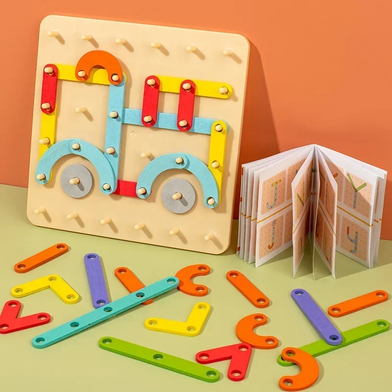 Kinderen Houten Geoboard Speelgoed Spijkerbord Geometrische Kolom Set Bouwpuzzel Geometrisch Pegboard Montessori Zintuiglijk Speelgoed